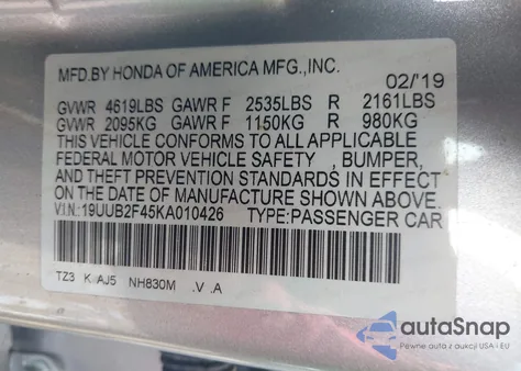 2019 Acura Tlx Tech Pkg z USA, uszkodzony, nr VIN 19UUB2F45KA010426